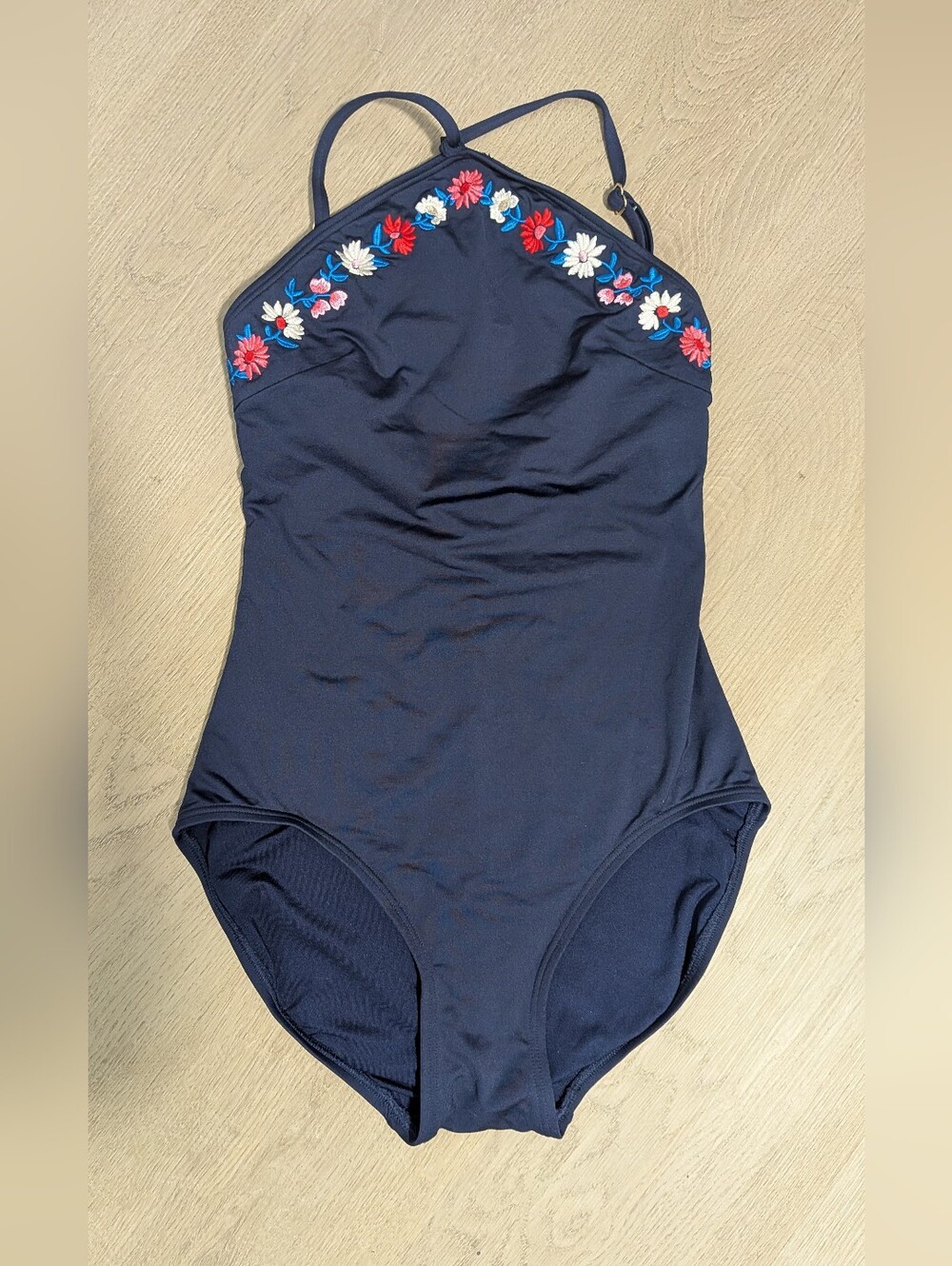 Kate Spade Botany Bay High Neck one-Piece Swimsuit Navy Blue Embroidered Flowers